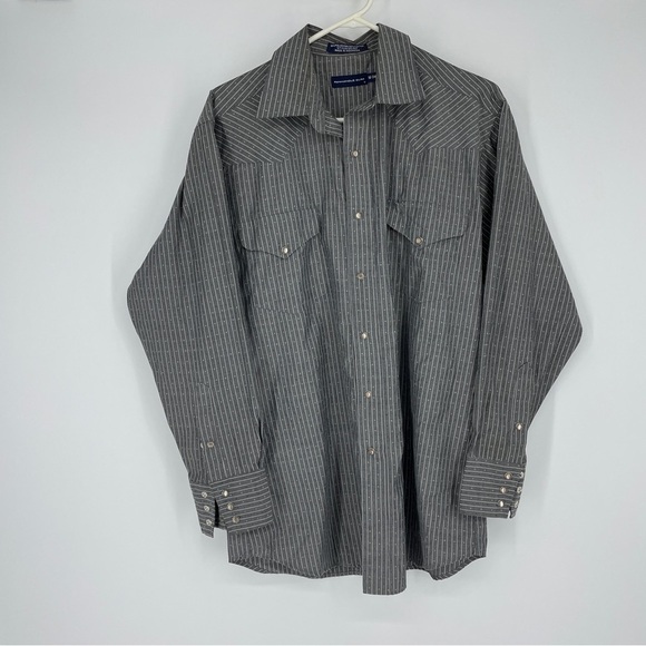 Panhandle Slim Shirt Mens Large 16-34 Gray White Striped Pearl Snap Western Top - Picture 1 of 4